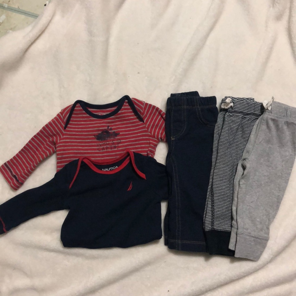 Boys nautica and carters bundle. 2 onesies 3 pants